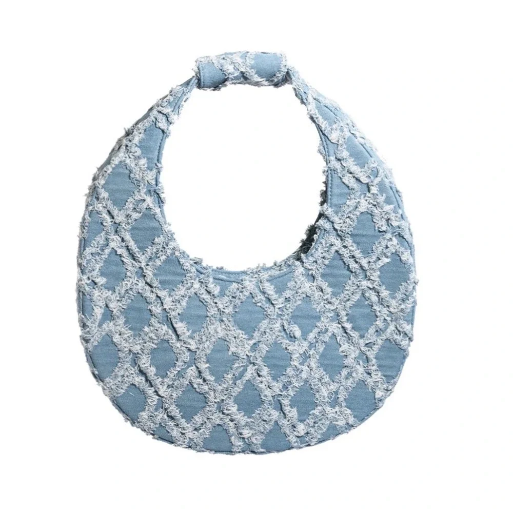 NWT‎ AKIRA Run World Denim Purse Frayed Quilted Patch Crescent Hobo Bag Boho Y2K